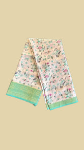 Green Floral and Bird Pattern with Gold Brocade Traditional Border Fancy Georgette Saree